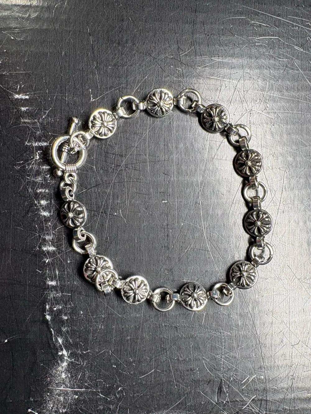 Sterling Silver Floral Link Bracelet - Silver Chrome Bracelet Style